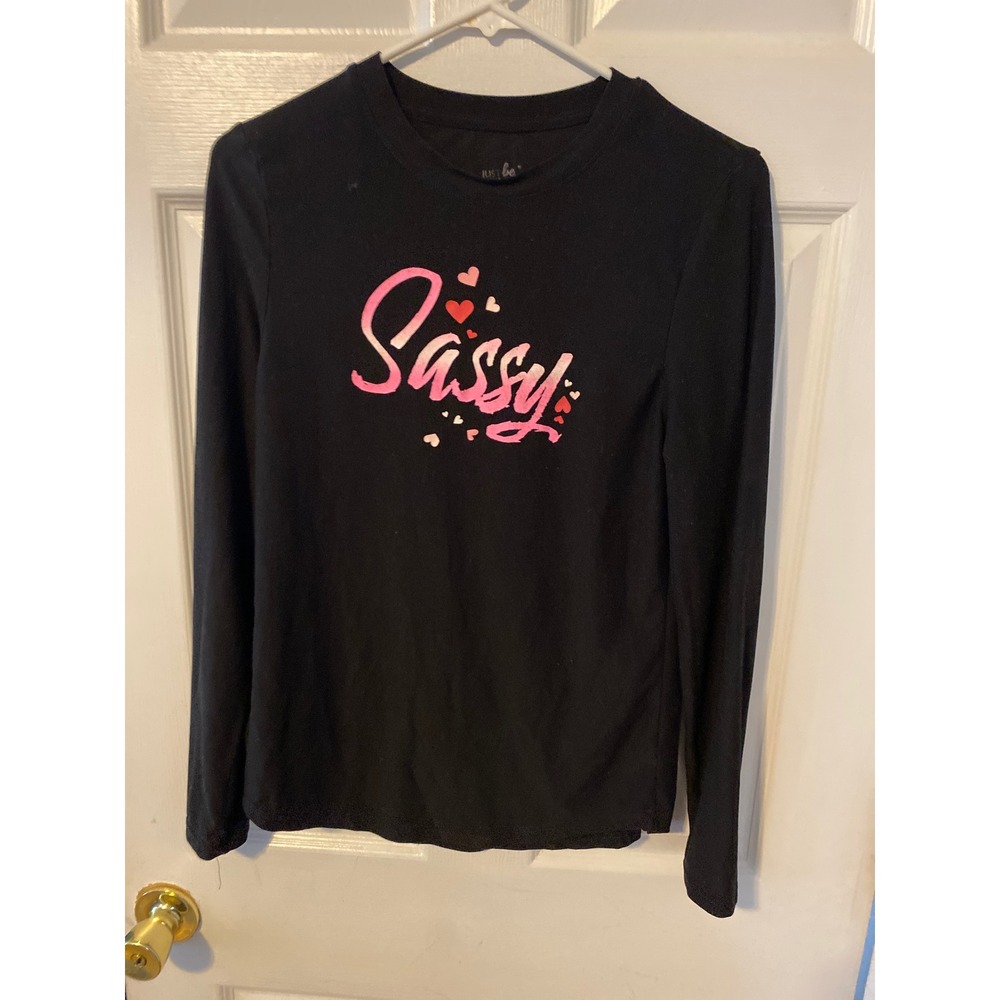 Just Be Womens Sassy Graphic Long Sleeve Tee Black Pink Hearts Size S